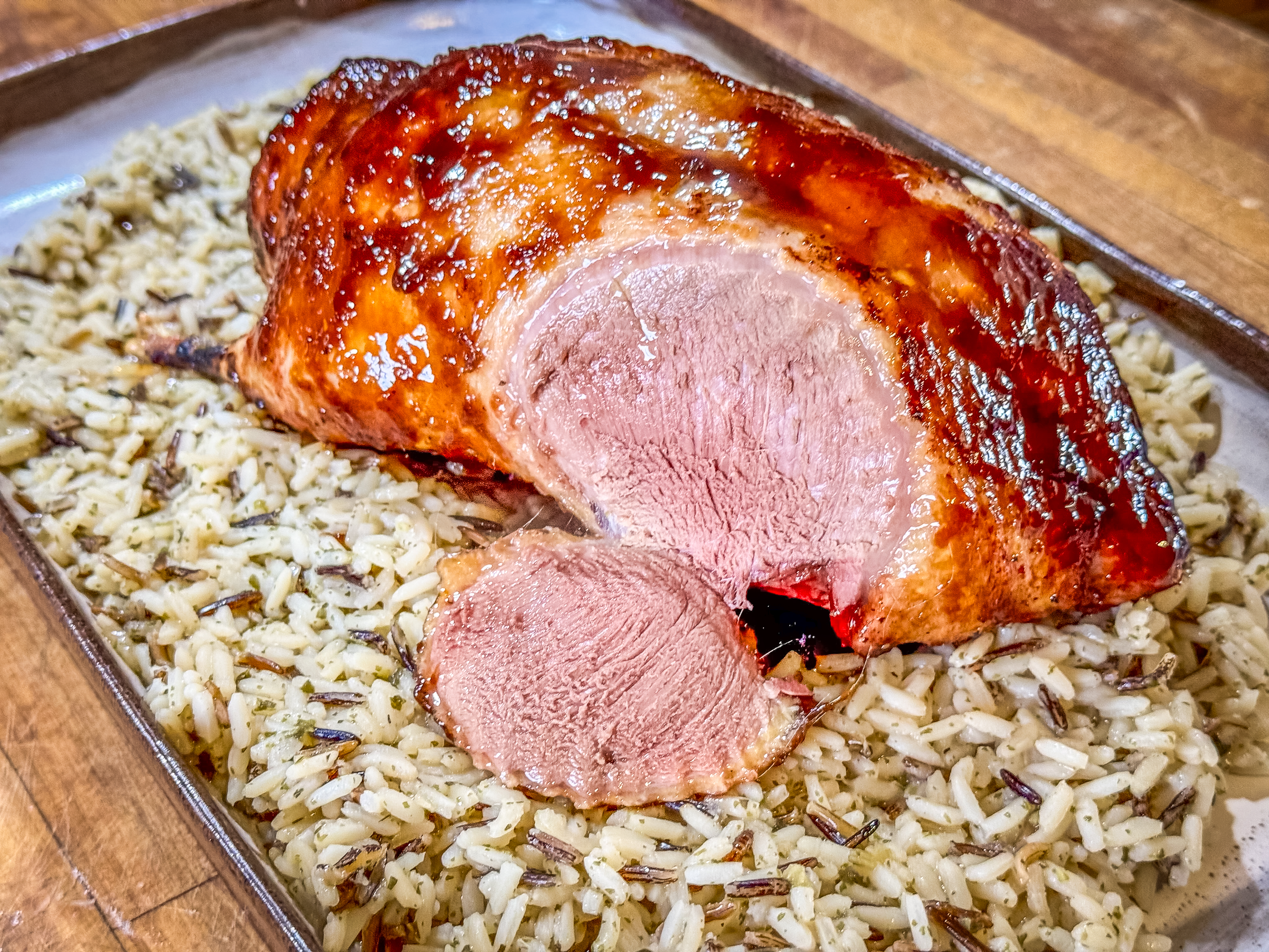 Apricot Glazed, Apple Stuffed Grilled Duck