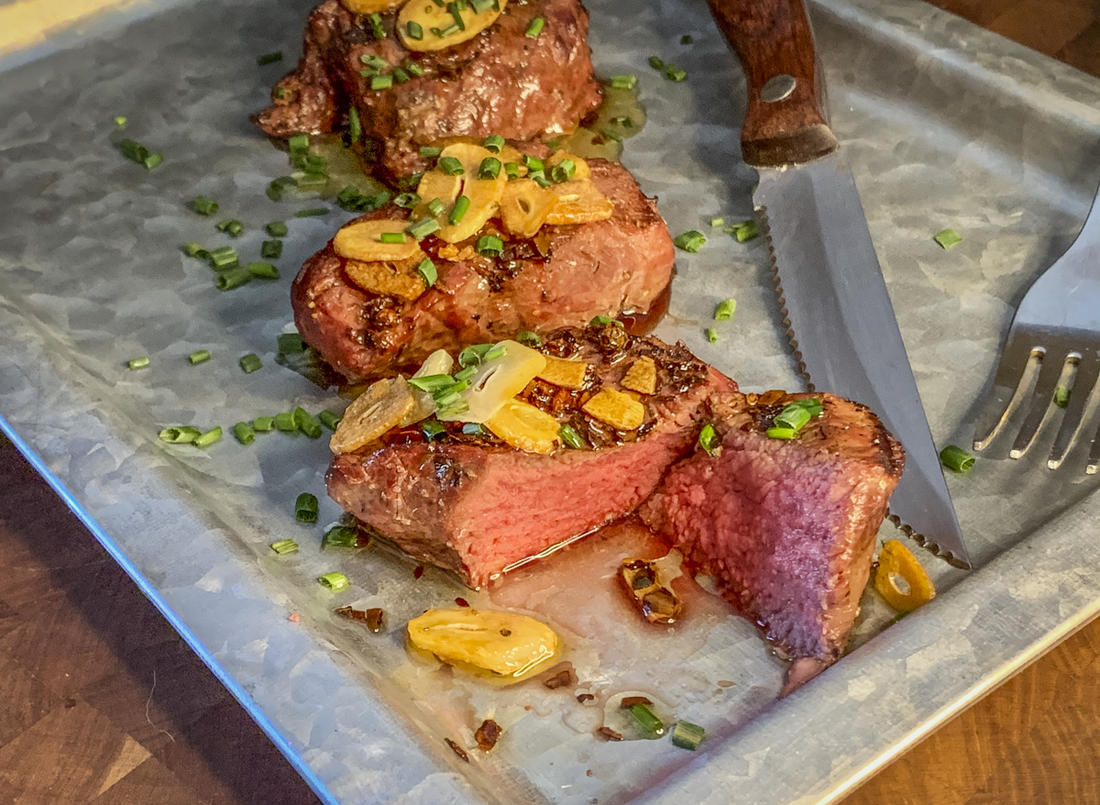 Grilled Backstrap with Hot Chile Oil and Garlic Chips