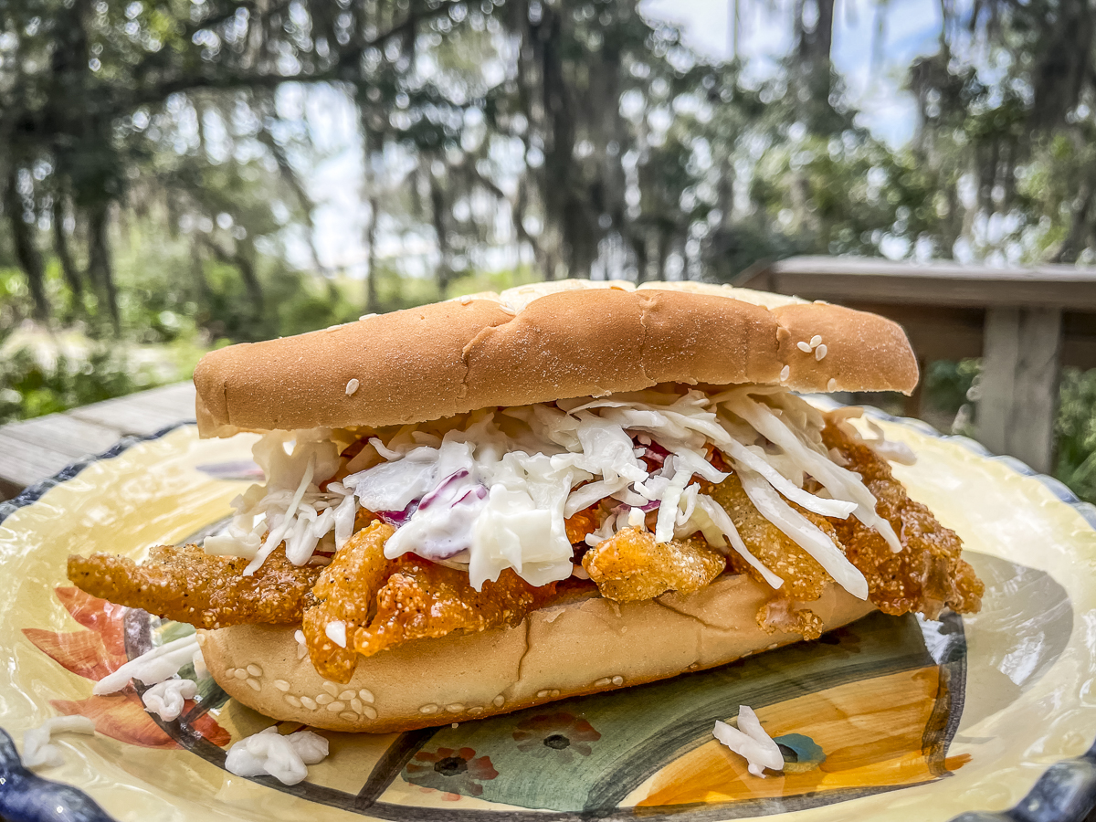 Creamy cole slaw pairs perfectly with the spicy fish.
