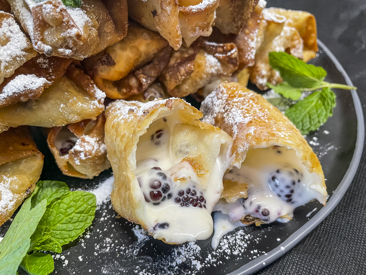 The creamy blackberry cheesecake filling is a nice contrast to the crispy egg roll wrapper.