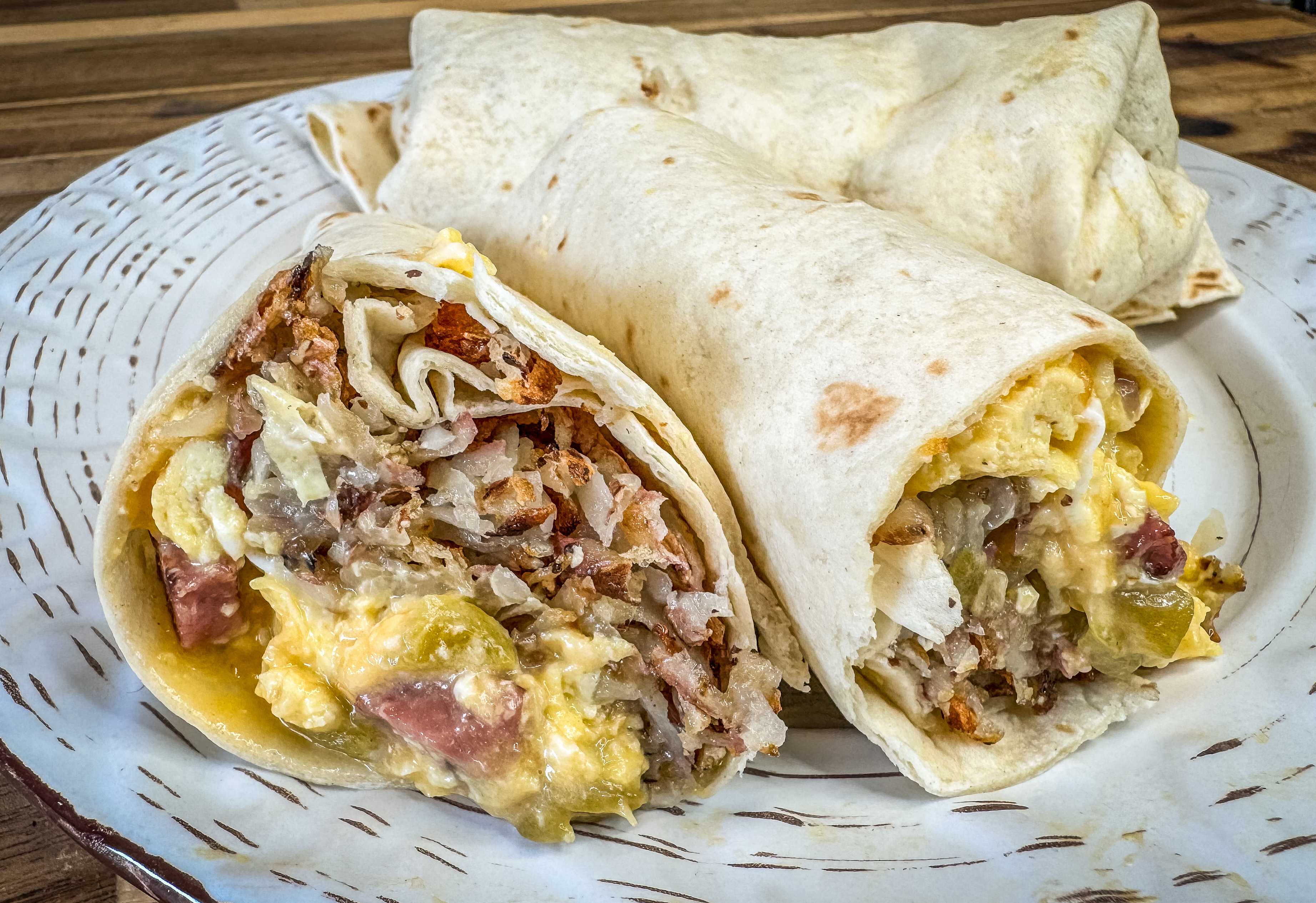Venison Summer Sausage Green Chile Breakfast Burritos