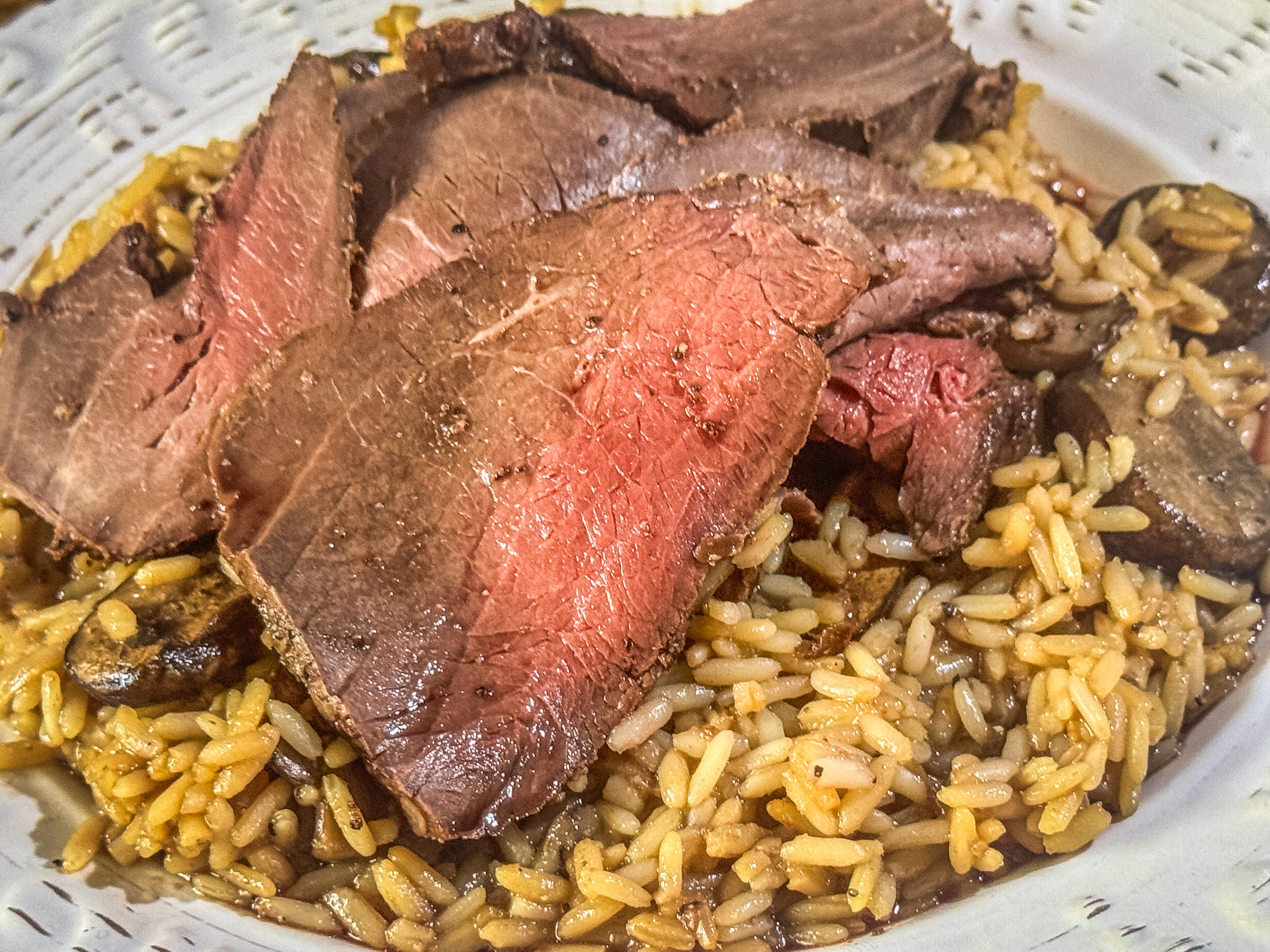 Roast Venison and Rice in Onion Gravy